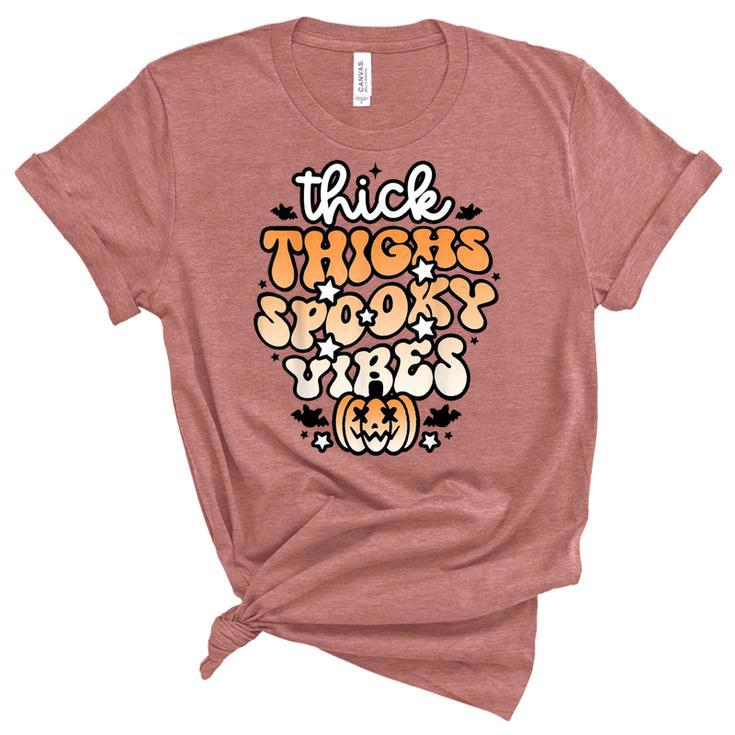 Thick Thighs Spooky Vibes Retro Groovy Halloween Spooky  Unisex Crewneck Soft Tee