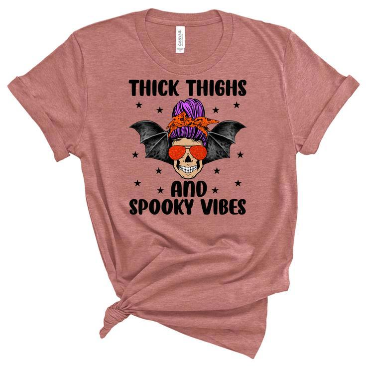 Thick Thights And Spooky Vibes Halloween Messy Bun Hair Unisex Crewneck Soft Tee