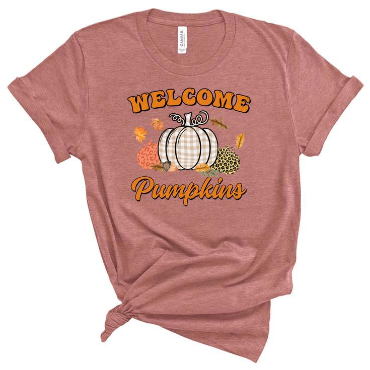 Welcome Pumpkin Leopard Plaid Autumn Fall Women's Short Sleeve T-shirt Unisex Crewneck Soft Tee