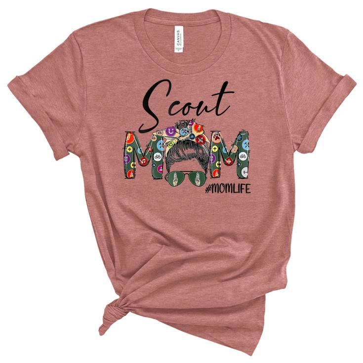 Womens Mothers Day Womens Scouting Scout Mom Life Messy Bun Hair  Women's Short Sleeve T-shirt Unisex Crewneck Soft Tee