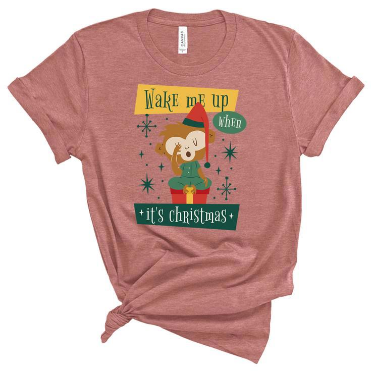 Wake Me Up When Its Christmas Monkey Cute Graphic Design Printed Casual Daily Basic Women's Short Sleeve T-shirt Unisex Crewneck Soft Tee