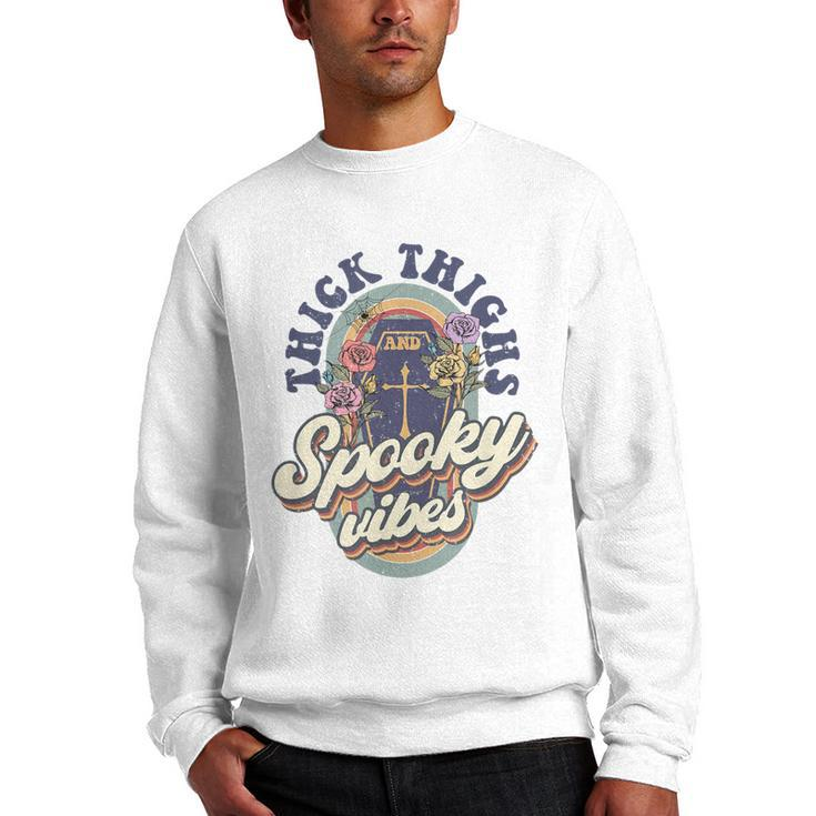 Thick Thighs And Spooky Vibes Retro Spooky Halloween  Men Crewneck Graphic Sweatshirt