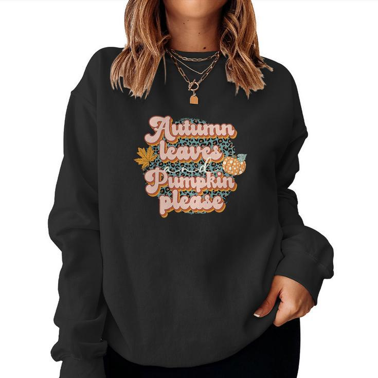 Autumn Leaves Pumpkin Please Leopard Plaid Fall Women Crewneck Graphic Sweatshirt