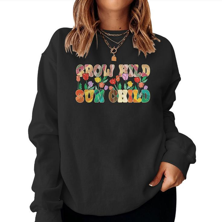 Boho Vintage Grow Wild Sun Child Colorful Design Women Crewneck Graphic Sweatshirt
