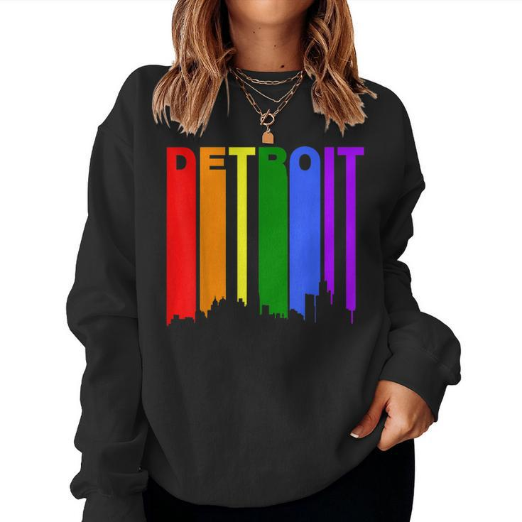 Detroit Michigan Rainbow Skyline Lgbt Gay Pride  Women Crewneck Graphic Sweatshirt
