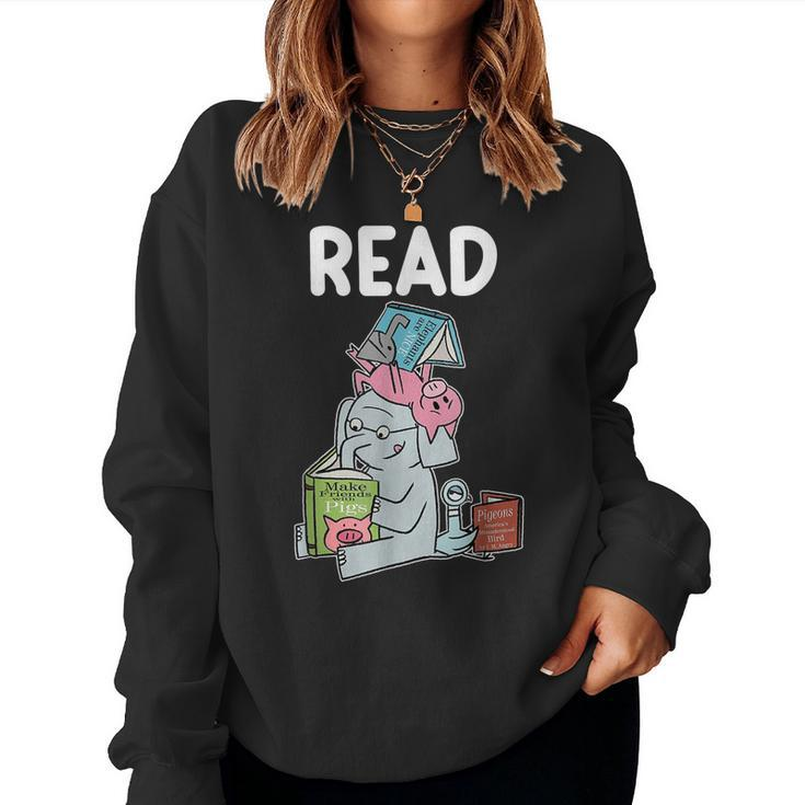 Funny Teacher Library Read Book Club Piggie Elephant Pigeons  Women Crewneck Graphic Sweatshirt - Thegiftio