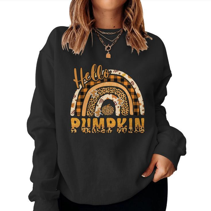 Leopard Plaid Autumn Hello Pumpkin Fall Rainbow Women Crewneck Graphic Sweatshirt
