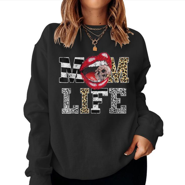 Mom Life Leopard Lip Skull Red Lip Mothers Day  Women Crewneck Graphic Sweatshirt