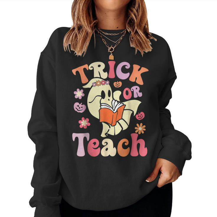 Retro Vintage Groovy Trick Or Teach Halloween Teacher Life  V5 Women Crewneck Graphic Sweatshirt