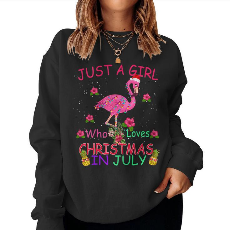 Womens Just A Girl Who Loves Christmas In July Flamingo  Women Crewneck Graphic Sweatshirt