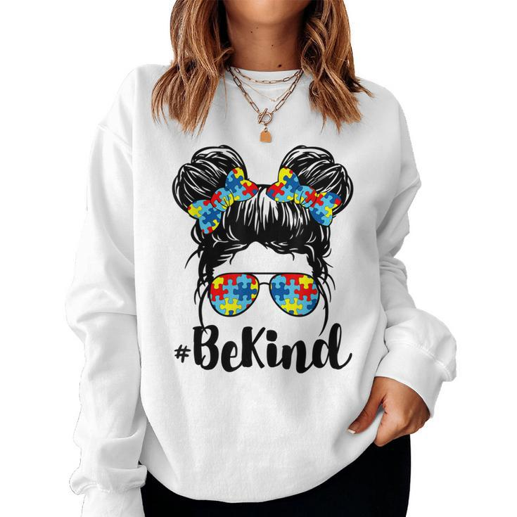 Be Kind Autism Awareness Messy Bun Girl   Women Crewneck Graphic Sweatshirt