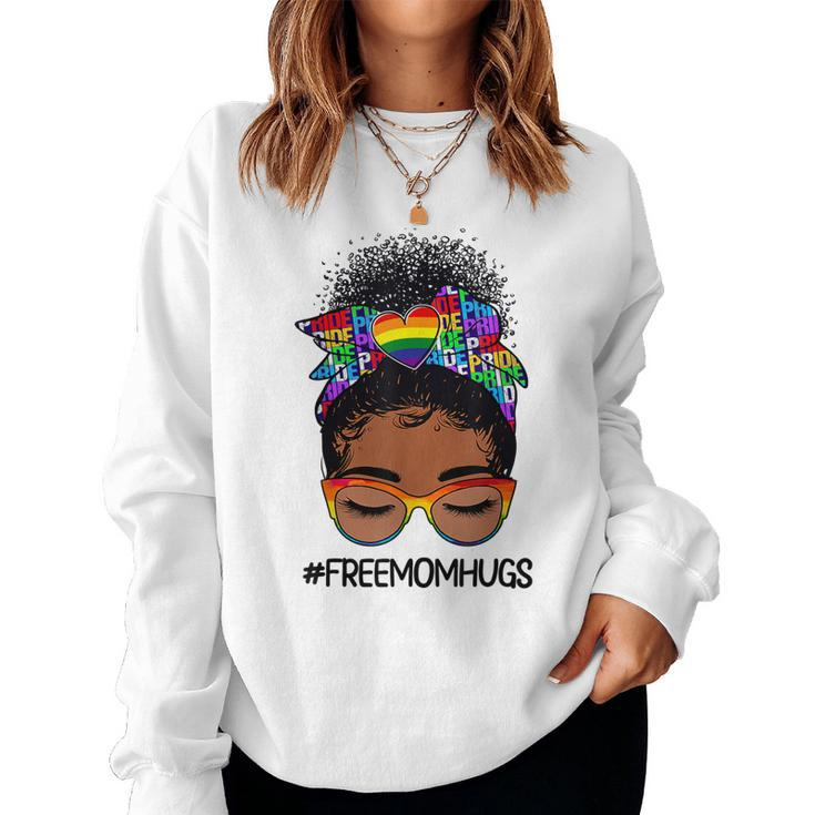 Black Women Free Mom Hugs Messy Bun Lgbtq Lgbt Pride Month  Women Crewneck Graphic Sweatshirt