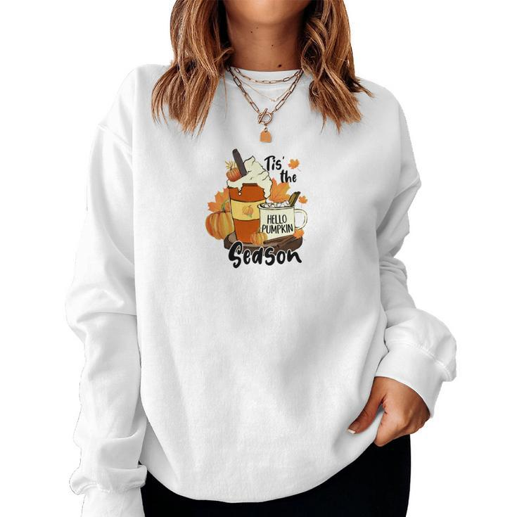 Fall Coffee Tis The Season Hello Pumpkin Women Crewneck Graphic Sweatshirt