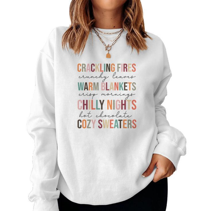 Fall Crackling Fire Crunchy Leaves Warm Blankets Chilly Nights Cozy Weather Hot Chocolate Popular Women Crewneck Graphic Sweatshirt