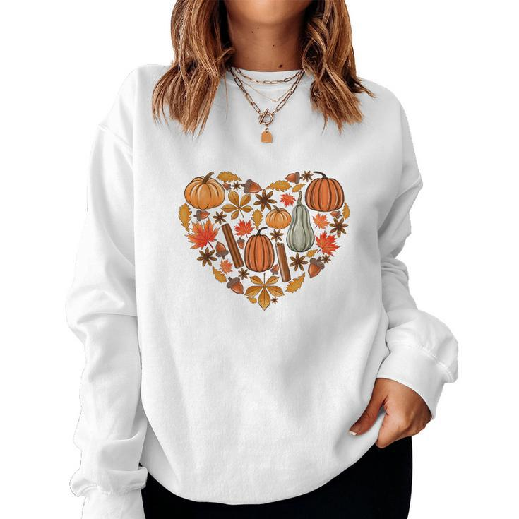 Fall Heart Pumpkins Flowers Women Crewneck Graphic Sweatshirt