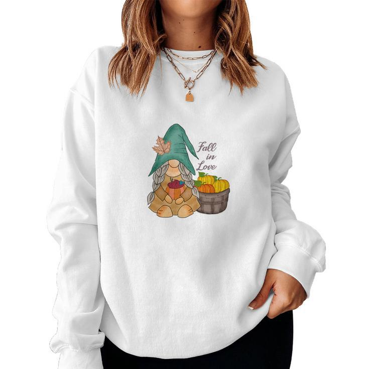 Fall In Love Gnomes Pumpkins Basket Women Crewneck Graphic Sweatshirt