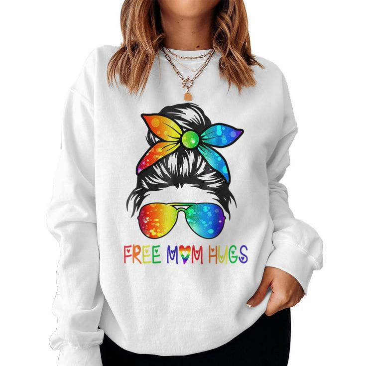 Free Mom Hugs Messy Bun Rainbow Lgbt Pride Month  Women Crewneck Graphic Sweatshirt