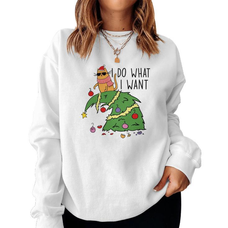 Funny Christmas Cat I Do What I Want Xmas Holiday Women Crewneck Graphic Sweatshirt