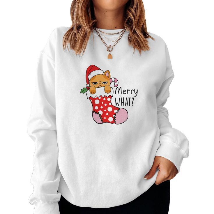 Funny Christmas Cat Merry What Xmas Holiday Women Crewneck Graphic Sweatshirt