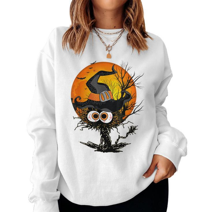 Funny Halloween Black Cat Costume Witch Hat & Moon Men Women  Women Crewneck Graphic Sweatshirt