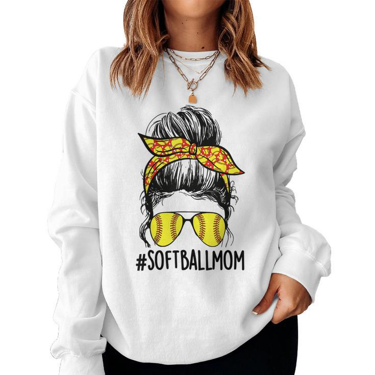 Funny Softball Mom Messy Bun Mama Mothers Day Sporty Mom  Women Crewneck Graphic Sweatshirt