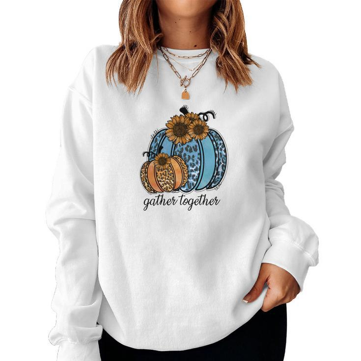 Gather Together Leopard Blue Pumpkin Fall Women Crewneck Graphic Sweatshirt