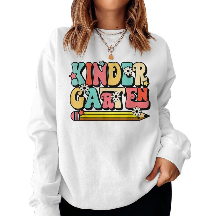 Groovy Hello Kindergarten Vibes Retro Teacher Back To School  Women Crewneck Graphic Sweatshirt