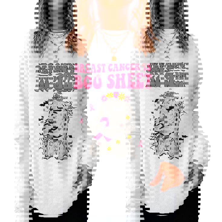 Groovy Pink Ribbon Mom Breast Cancer Is Boo Sheet Halloween V2 Women Crewneck Graphic Sweatshirt