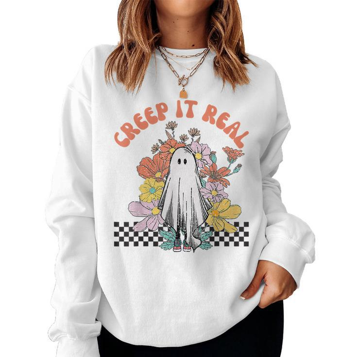 Halloween Costume Retro Creep It Real Ghost With Flowers  Women Crewneck Graphic Sweatshirt