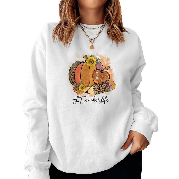 Happy Teacher Life Fall Autumn Pumpkin Women Crewneck Graphic Sweatshirt