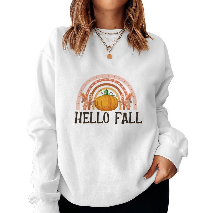 Hello Fall Boho Rainbow Pumpkin Women Crewneck Graphic Sweatshirt