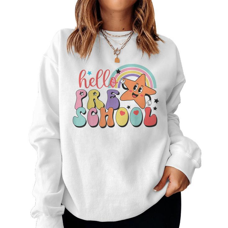 Hello Preschool Teachers Back To School Boys Girls White  Women Crewneck Graphic Sweatshirt