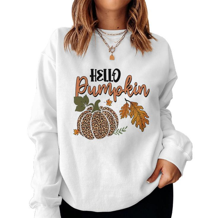 Hello Pumpkin Leopard Plaid Autumn Leaves Fall Women Crewneck Graphic Sweatshirt