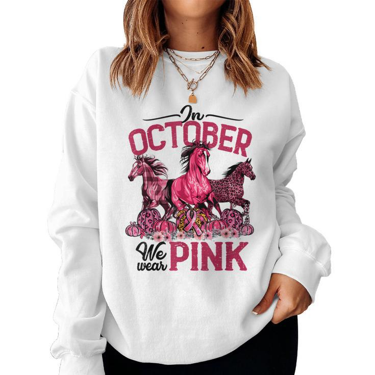 In October We Wear Pink Horse Leopard Pumpkin Breast Cancer  Women Crewneck Graphic Sweatshirt
