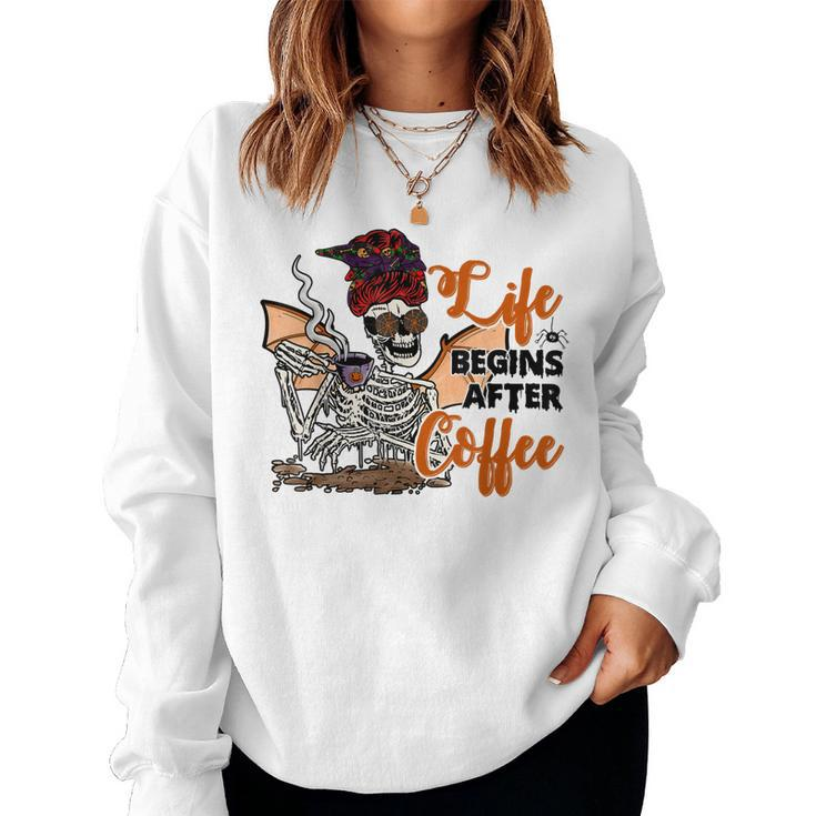 Life Begin After Coffee Halloween Mama Skeleton Costume  Women Crewneck Graphic Sweatshirt