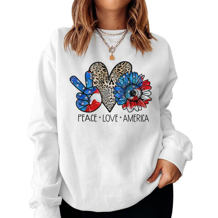 Peace Love America Leopard Sunflower 4Th Of July Patriotic  Women Crewneck Graphic Sweatshirt