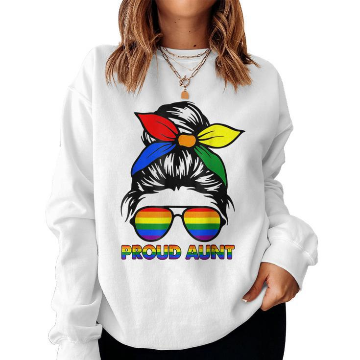 Proud Aunt Messy Bun Rainbow Lgbt Gay Pride Month  Women Crewneck Graphic Sweatshirt