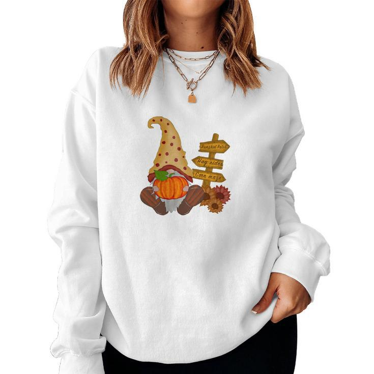 Pumpkin Patch Hay Rides Corn Maze Fall Gnomes Women Crewneck Graphic Sweatshirt