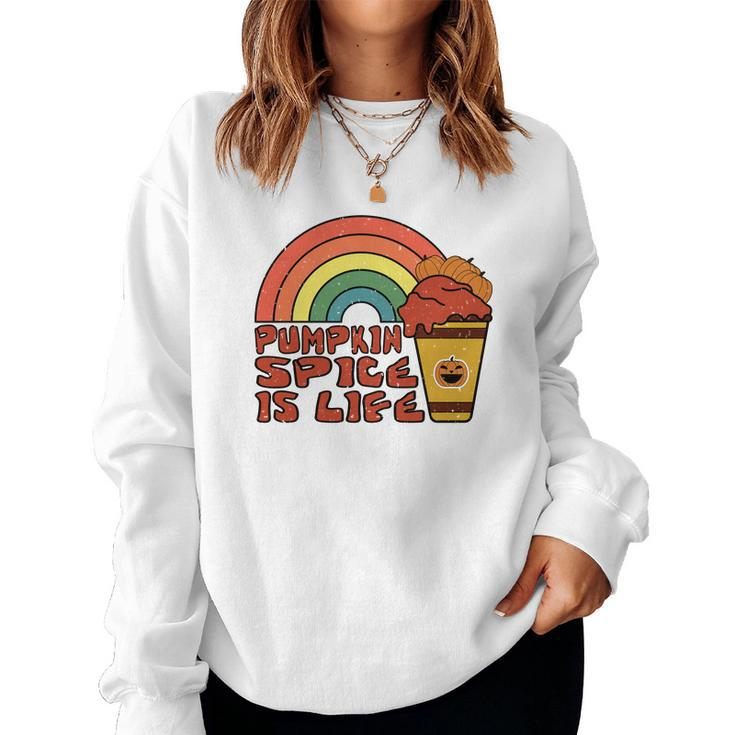 Pumpkin Spice Is Life Fall Rainbow Women Crewneck Graphic Sweatshirt