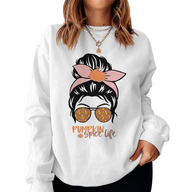 Pumpkin Spice Life Messy Bun Girl Fall Women Crewneck Graphic Sweatshirt