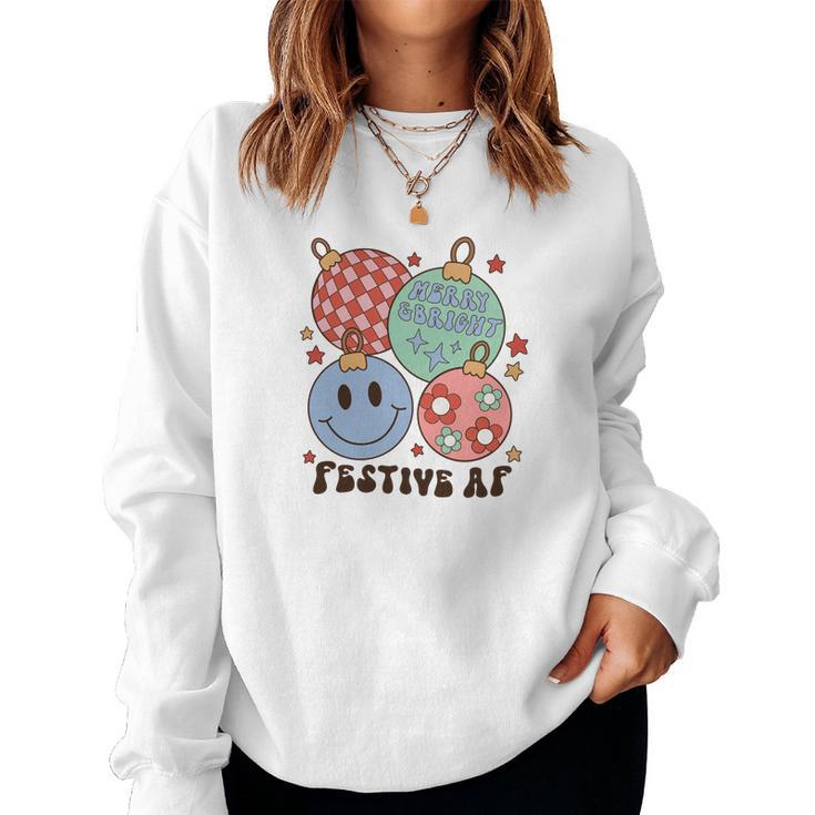 Retro Christmas Merry Bright Smiley Face Women Crewneck Graphic Sweatshirt