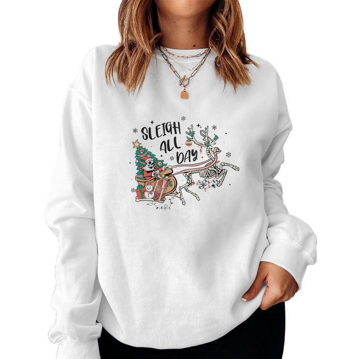 Retro Christmas Skeleton Funny Sleigh All Day Women Crewneck Graphic Sweatshirt