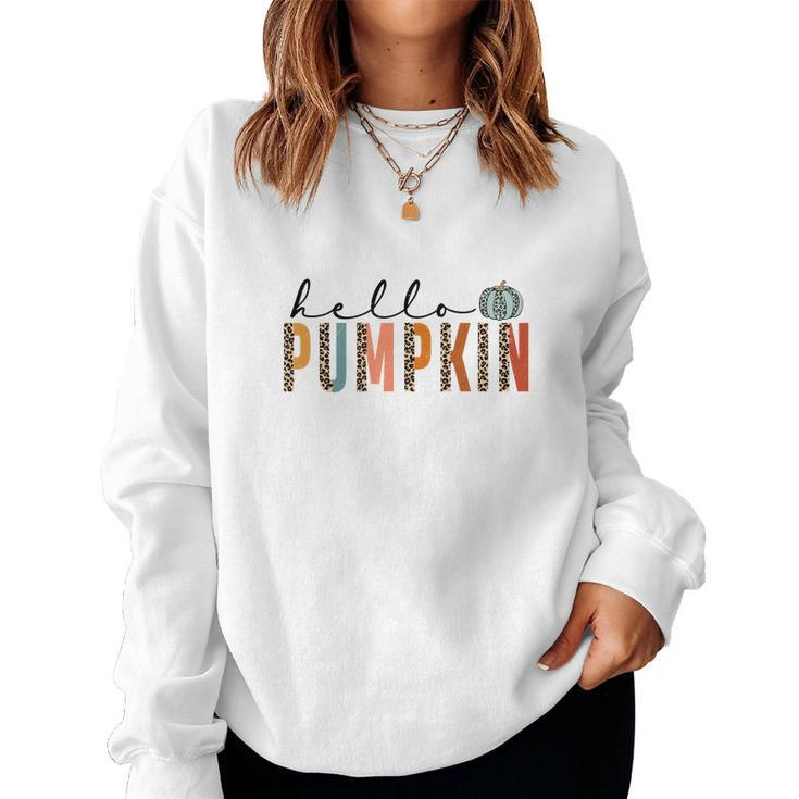 Retro Fall Hello Pumpkin Thanksgiving Autumn Women Crewneck Graphic Sweatshirt
