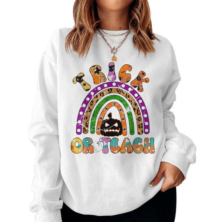 Retro Trick Or Teach Ghost Teacher Halloween Costume Womens  V22 Women Crewneck Graphic Sweatshirt