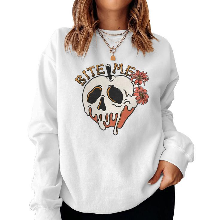 Skeleton Halloween Bite Me Spooky Design Women Crewneck Graphic Sweatshirt