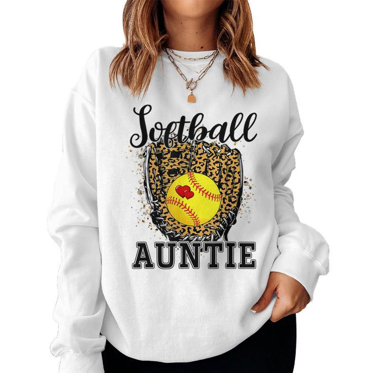 Softball Auntie Leopard Game Day Aunt Mother Softball Lover  Women Crewneck Graphic Sweatshirt