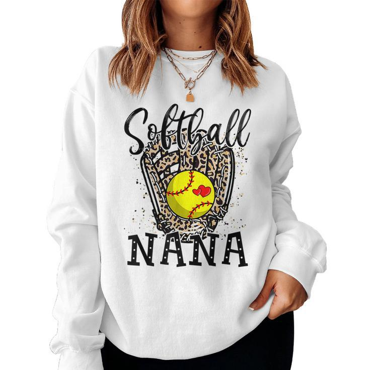 Softball Nana Leopard Game Day Softball Lover Mothers Day  Women Crewneck Graphic Sweatshirt