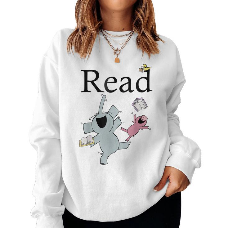 Teacher Library Read Book Club Piggie Elephant Pigeons Funny Women Crewneck Graphic Sweatshirt