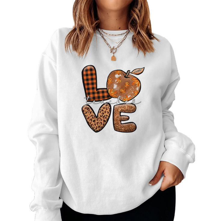 Teacher Love Fall Season Pumpkin Pattern Women Crewneck Graphic Sweatshirt