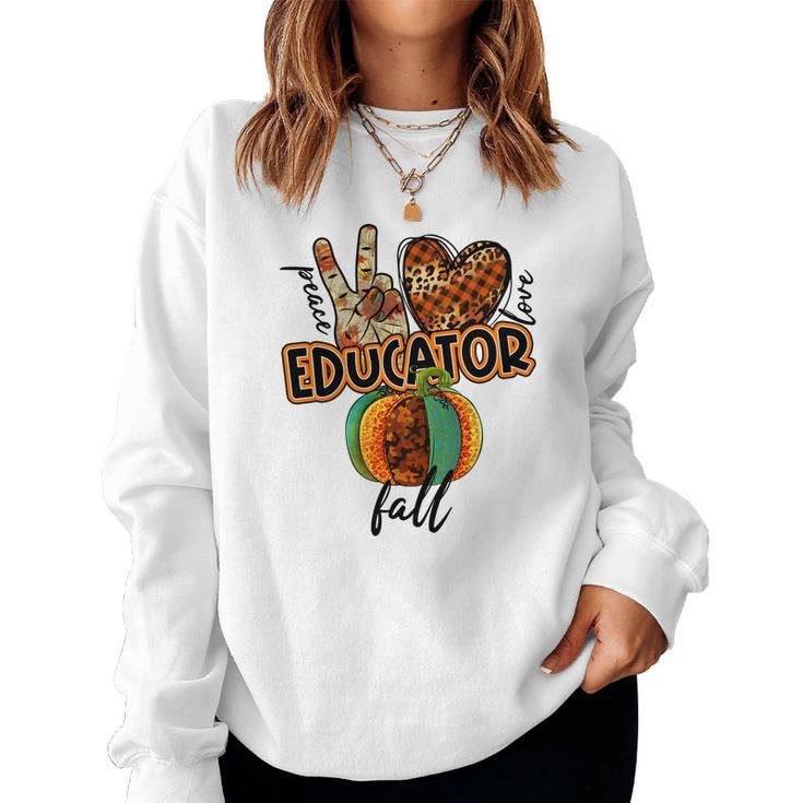Teacher Peace Love Fall Educator Women Crewneck Graphic Sweatshirt